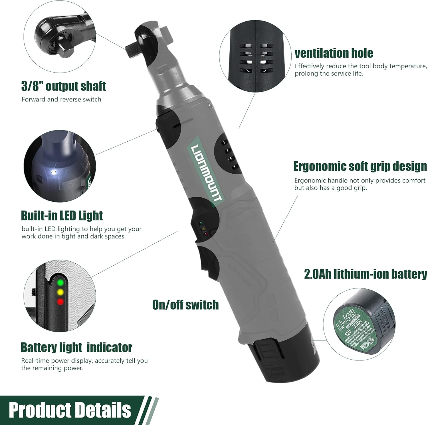 Cordless Electric Ratchet Wrench, Lionmount 3/8