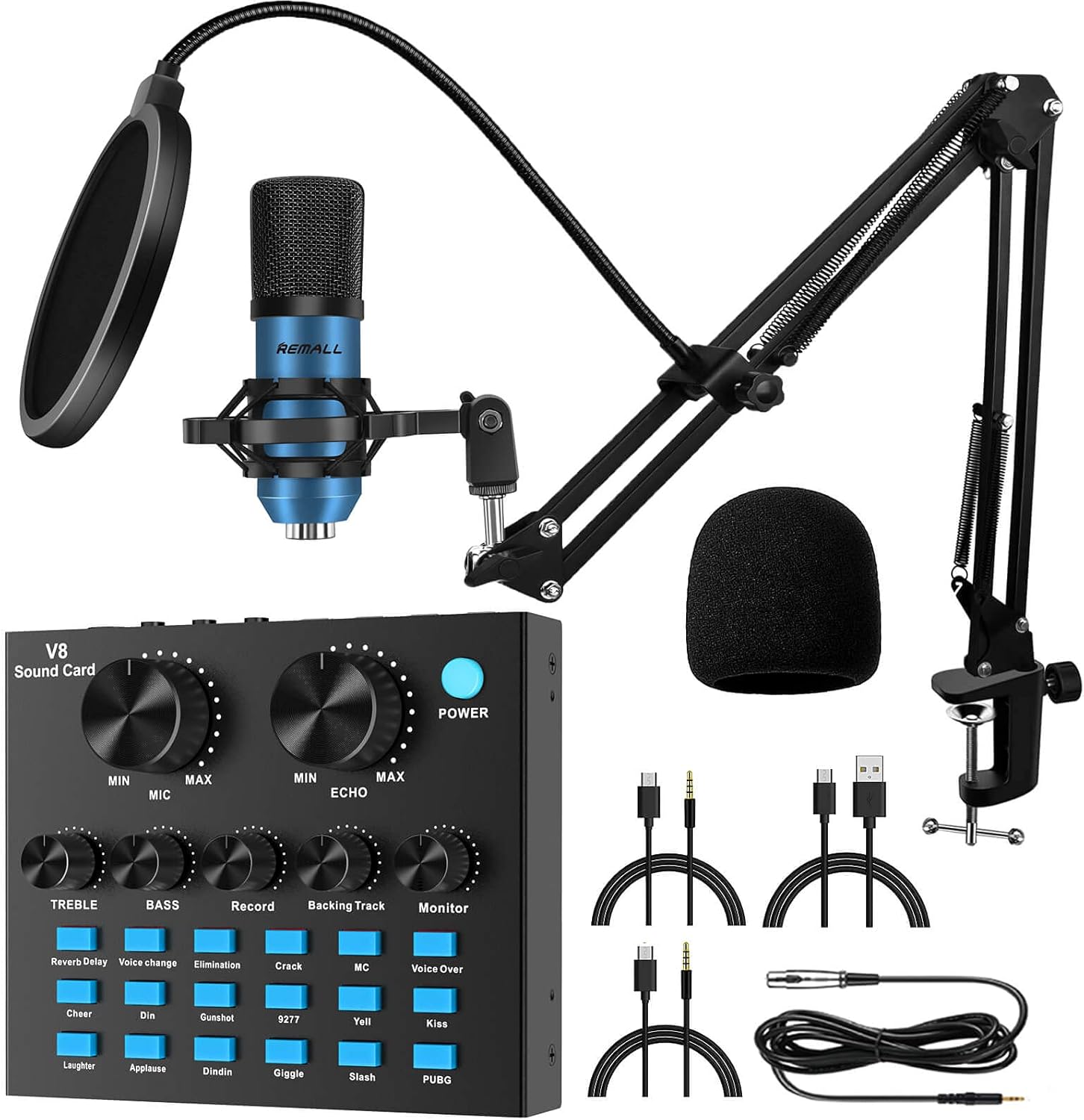 Audio Interface DJ Mixer with Live Sound Card V8, Remall Podcast Equipment Bundle Bm800 Condenser Microphone 3.5mm kit Streaming PC Recording Gaming Pack of 2