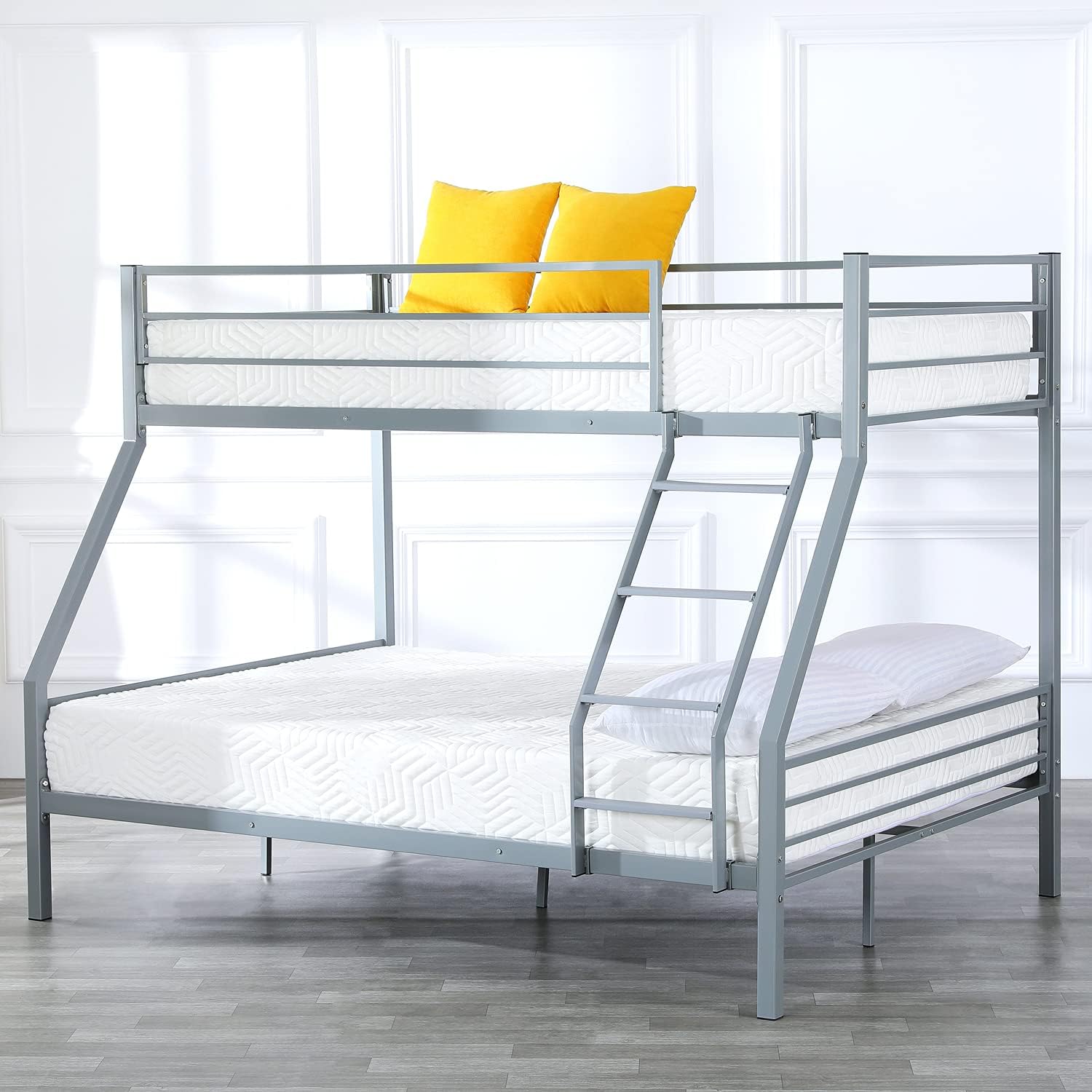 Bonnlo Bunk Bed Twin Over Full Sturdy Metal Bed Frame with Flat Ladder and Guardrail for Adults/Children/Teens, Black