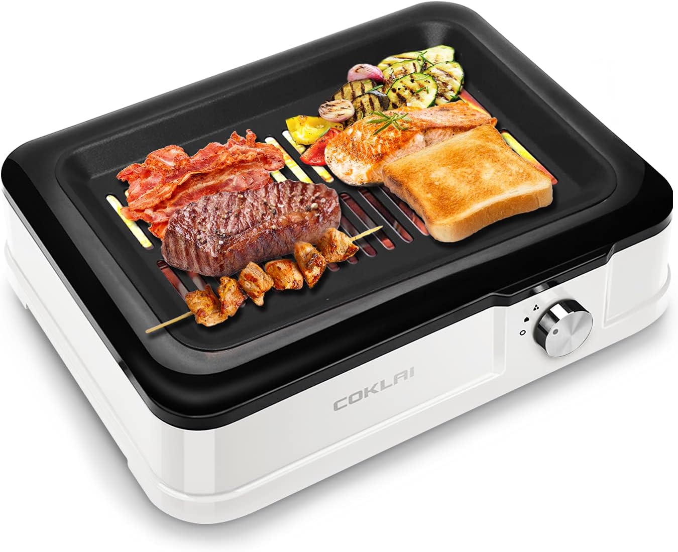 Indoor Grill Electric Grill, COKLAI Smokeless BBQ Grill, Infrared Grill with Removable Nonstick Grill Surface, Dishwasher-Safe Drip Tray, Constant Grilling Temperature 1660W, Green