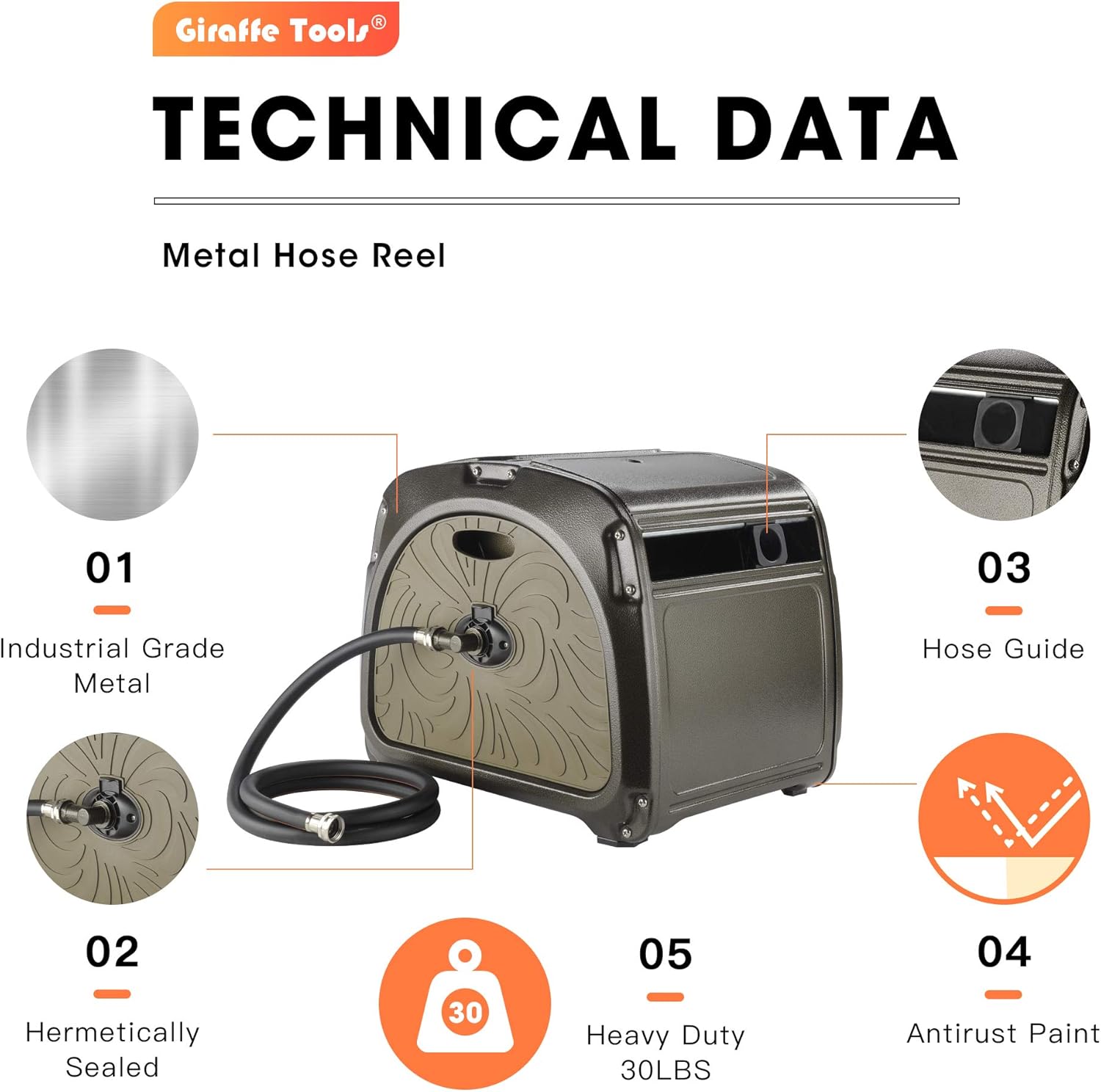 Giraffe Metal Hose Reel Box, Heavy Duty Retractable Garden Hose Reel Hideaway with Crank Handle, 150ft 5/8