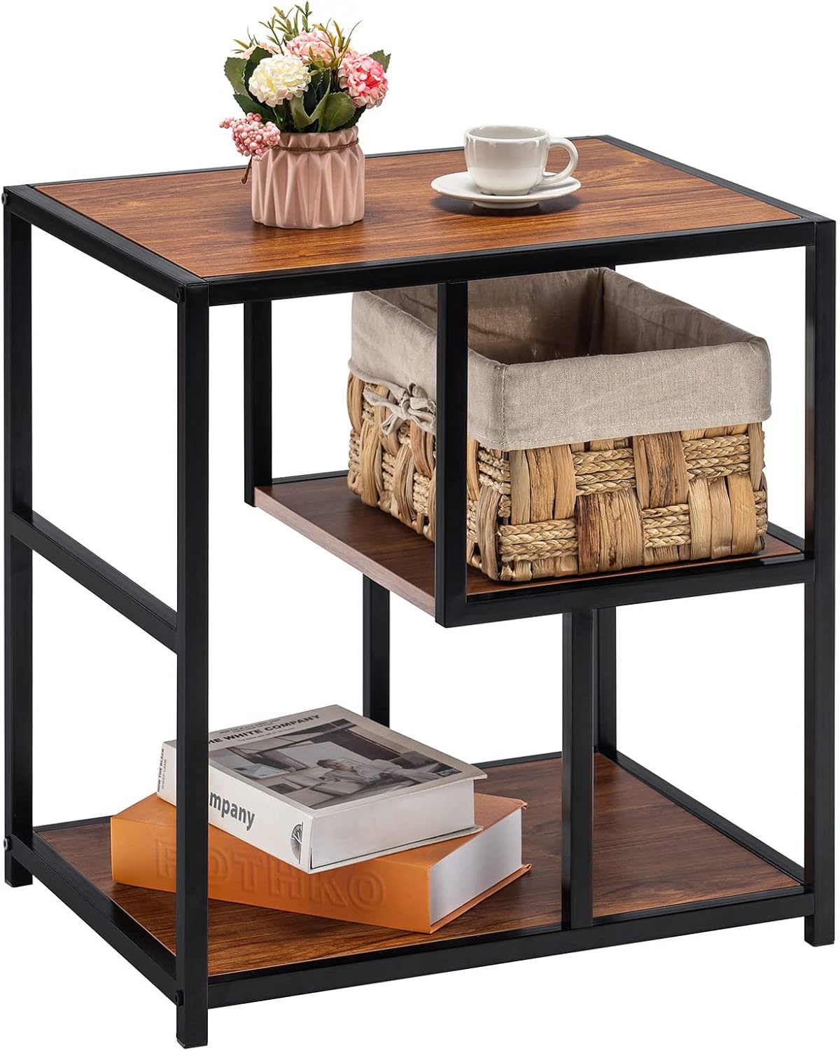 TECHMILLY Small Side Table for Bed, Black Nightstand Organizer with Book Shelf, End Table for Living Room, Bedroom and Office