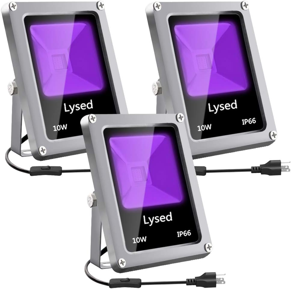 Lysed 10W Black Light, High Power UV LED Blacklight Flood Light with Plug, IP66 (85V-265V AC) for Dance Party, Glow in The Dark, Stage Lighting, Body Paint, Fluorescent Poster, Neon Glow (3 Pack)