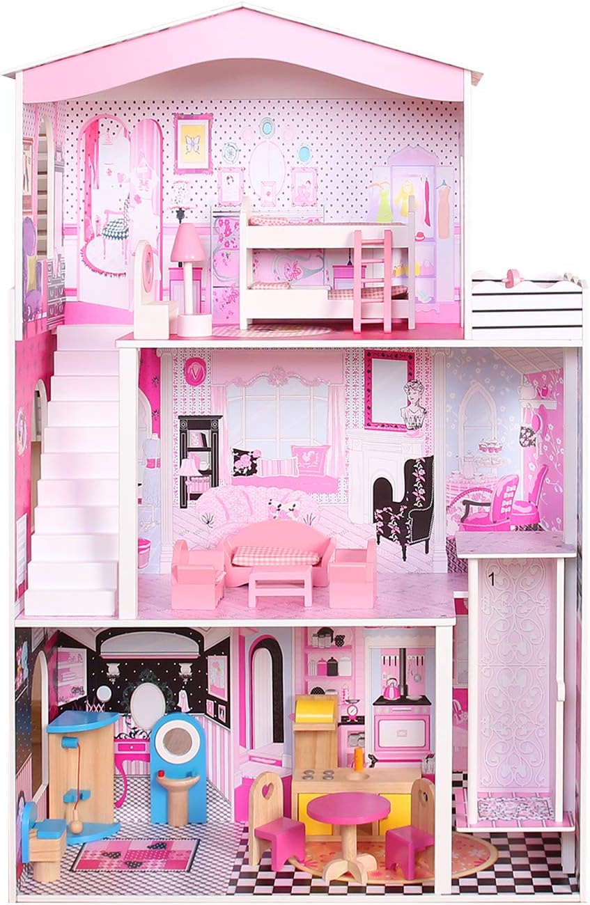 TaoHFE Large Wooden Play Kitchen with Ice Machine, Wooden Color Pretend Toy Kitchen for Toddlers,Play Work Station Kids Accessories Set for Girls Boys, Gift for Age 3+, 31.69 x 11.88 x 32.48 Inch