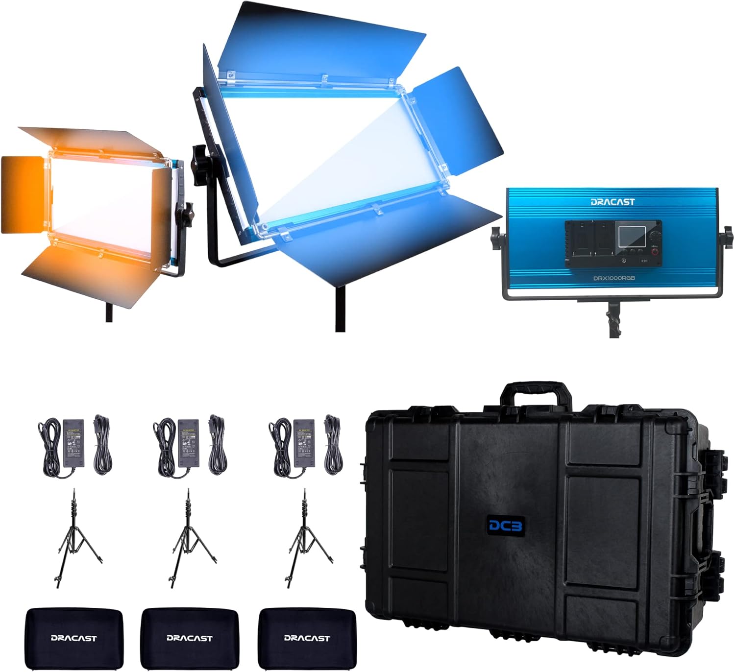 Dracast LED1000 X Series Bi-Color LED 3 Light Kit with Injection Molded Travel Case | App Control | Dimmable 0-100% | 3200K to 5600K CCT | CRI 96+ | Dual NP-F Battery Plate