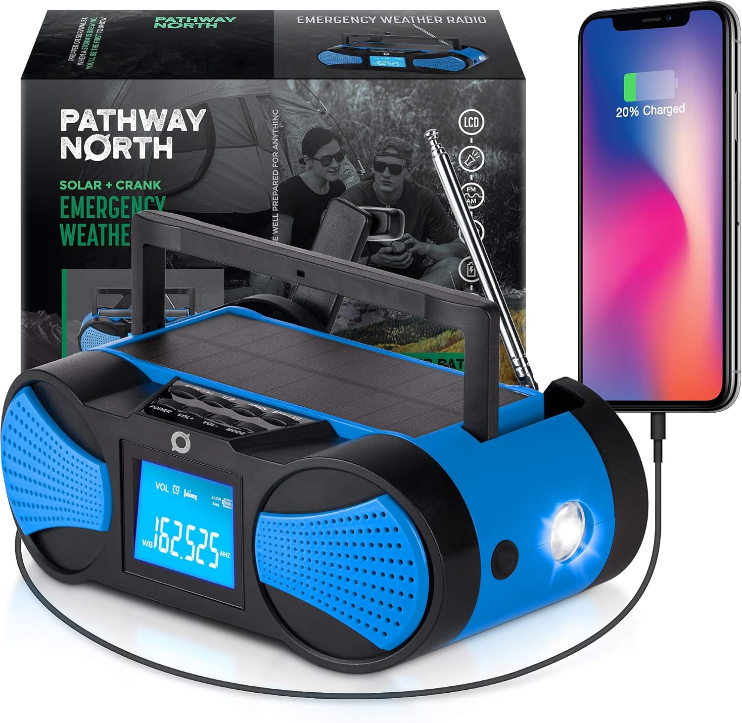 Pathway North Emergency Radio, 4000 mAh NOAA Weather Radio, Hand Crank Charger, Portable Battery Backup with Solar Charging, AM / FM / WB Solar Radio, LCD Screen, Emergency LED Flashlight, SOS Alarm Pack of 2