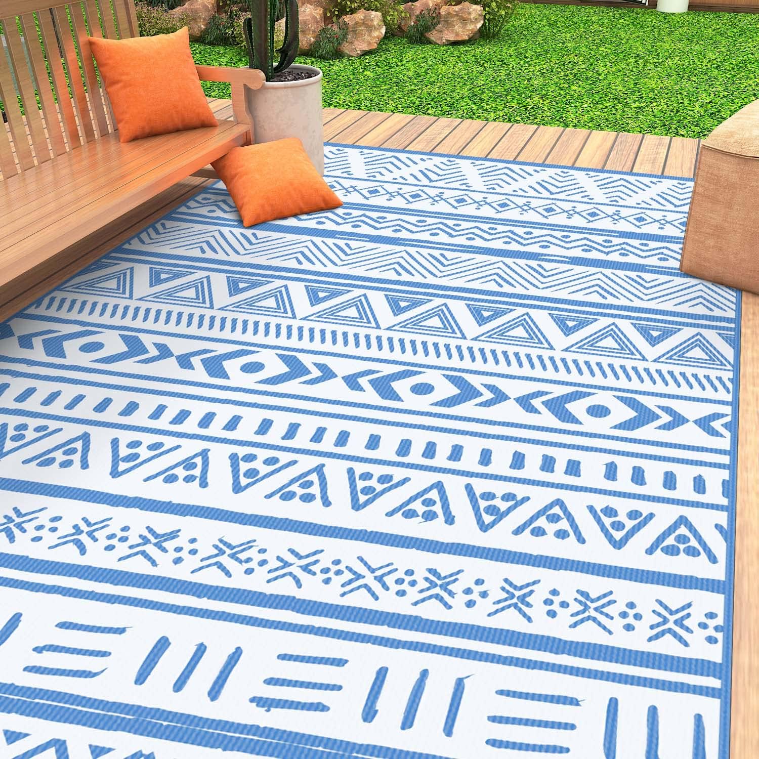 Dormot Reversible Mats Boho Portable Outdoor Rugs Plastic Straw Mats, Indoor Area Rug Waterproof Easy Cleaning Non-Slip Modern Rugs for Patio RV Deck Picnic Beach Backyard Trailer (5'x8', Blue/White)