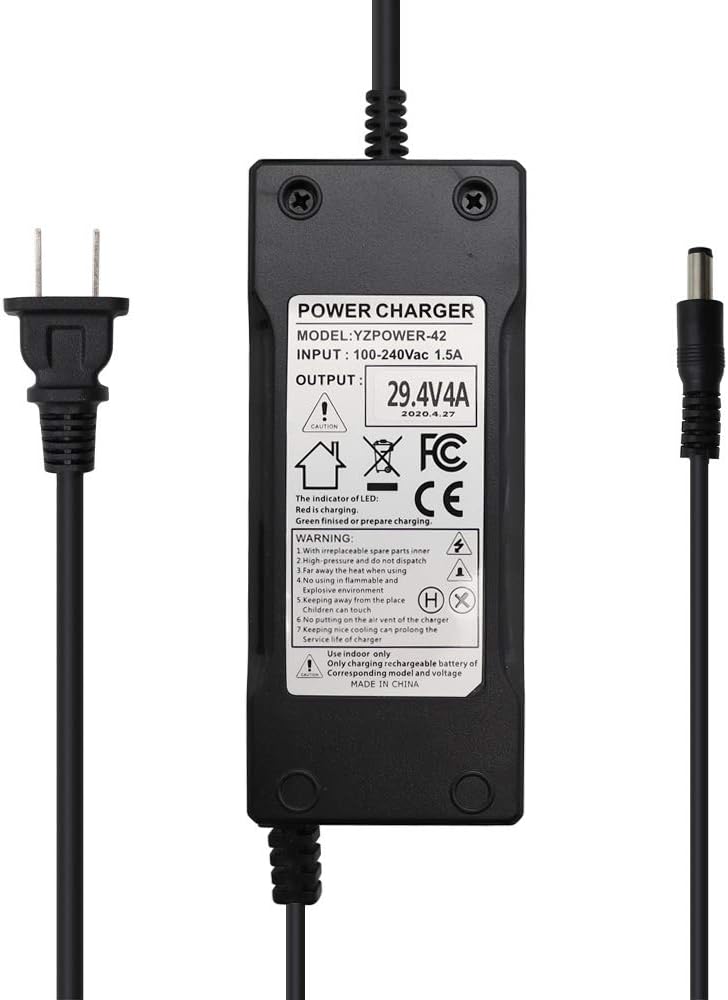 29.4V 4A AC/DC Power Adapter Charger 24V 4A for 24V 7S Lithium Li-ion Battery, 5.5x2.1mm DC Plug with 5.52.5mm Tip