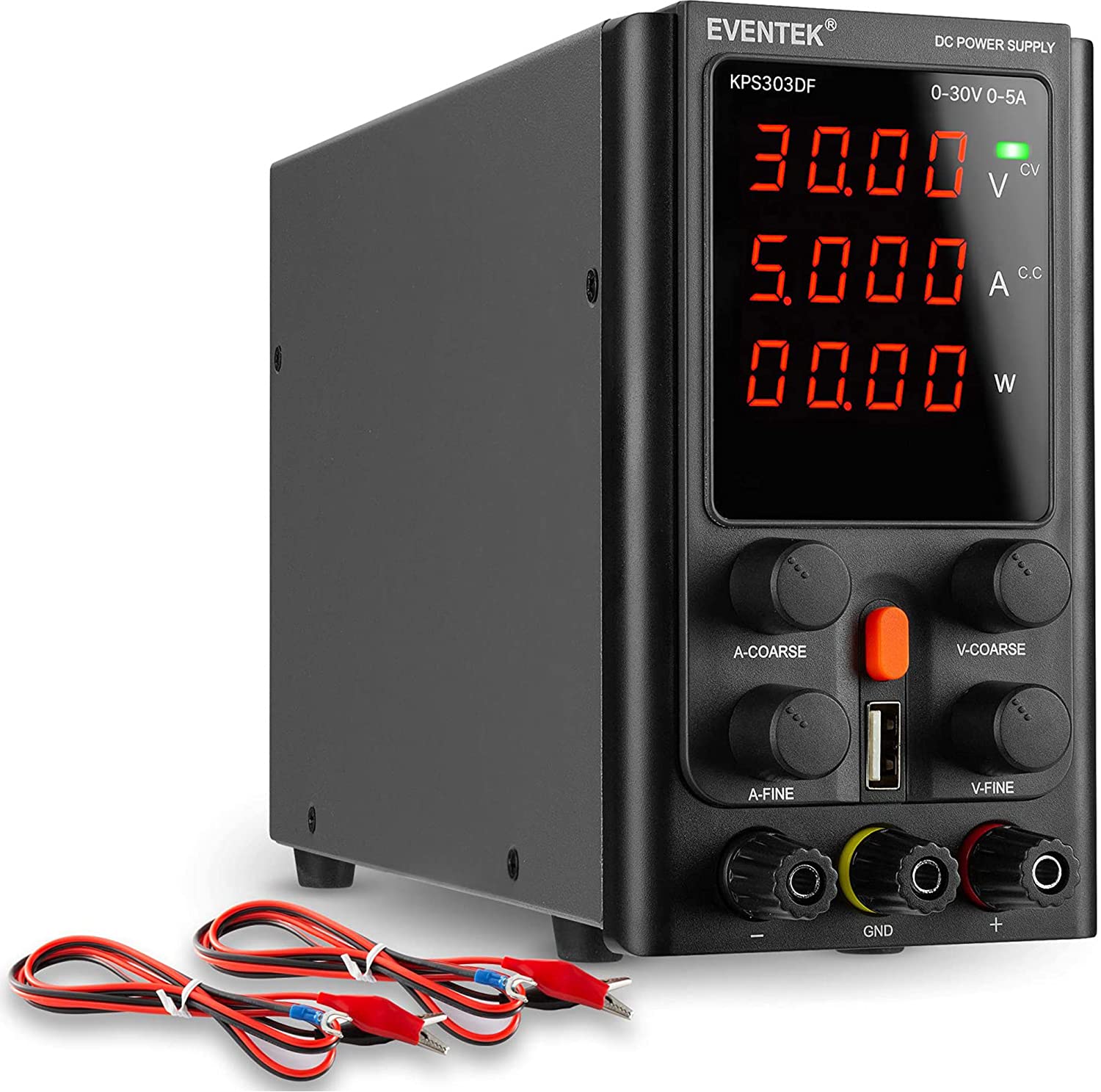 DC Power Supply Variable 30V 5A, eventek Adjustable Switching DC Regulated Bench Power Supply with 4-Digits LED Display, USB Interface, Alligator Cord/Test Lines (30V 5A, Black)