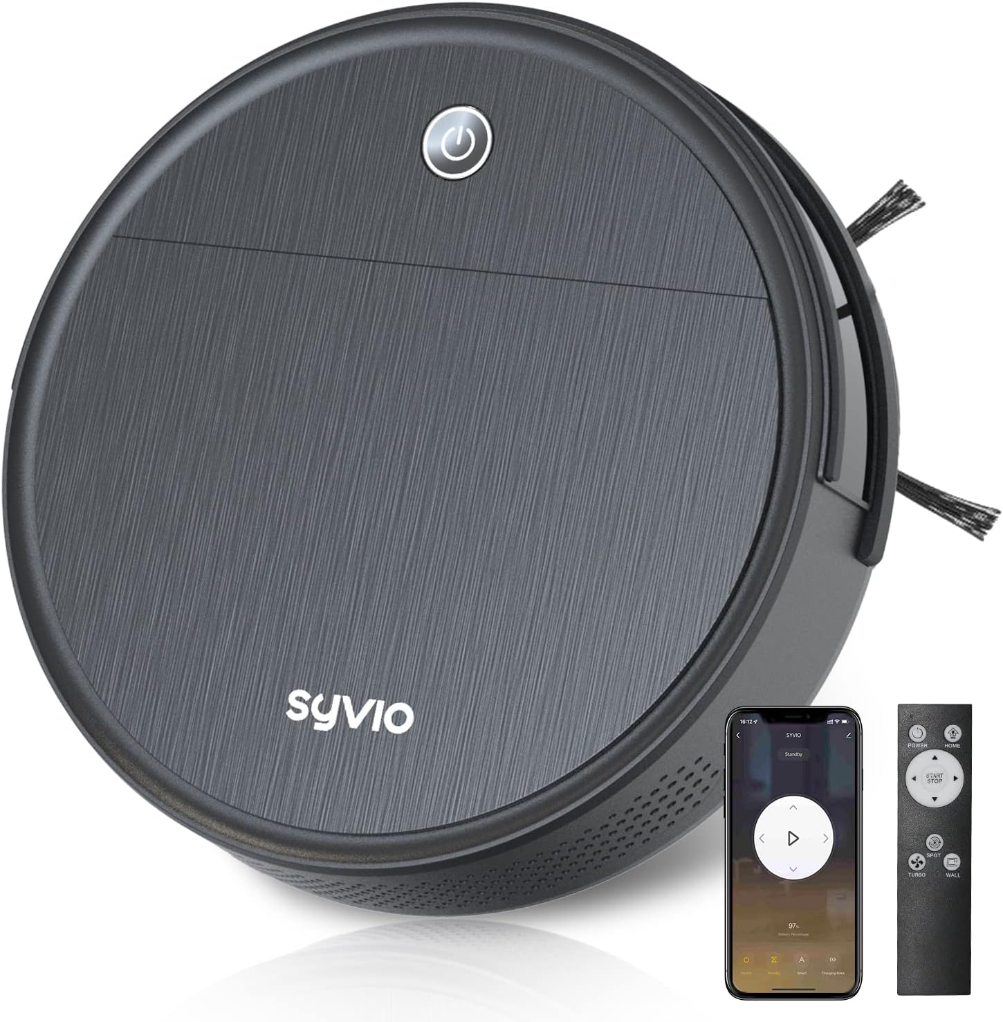 Syvio Robot Vacuum Cleaner, 2500Pa Auto Robotic Vacuum Cleaner with Self-Charge for Pet Hair, Floor, Short Carpet, 150min Runtime, Tangle-Free, Quiet,Thin, Pet Friendly, Wi-Fi/Tuya App/Remote Control