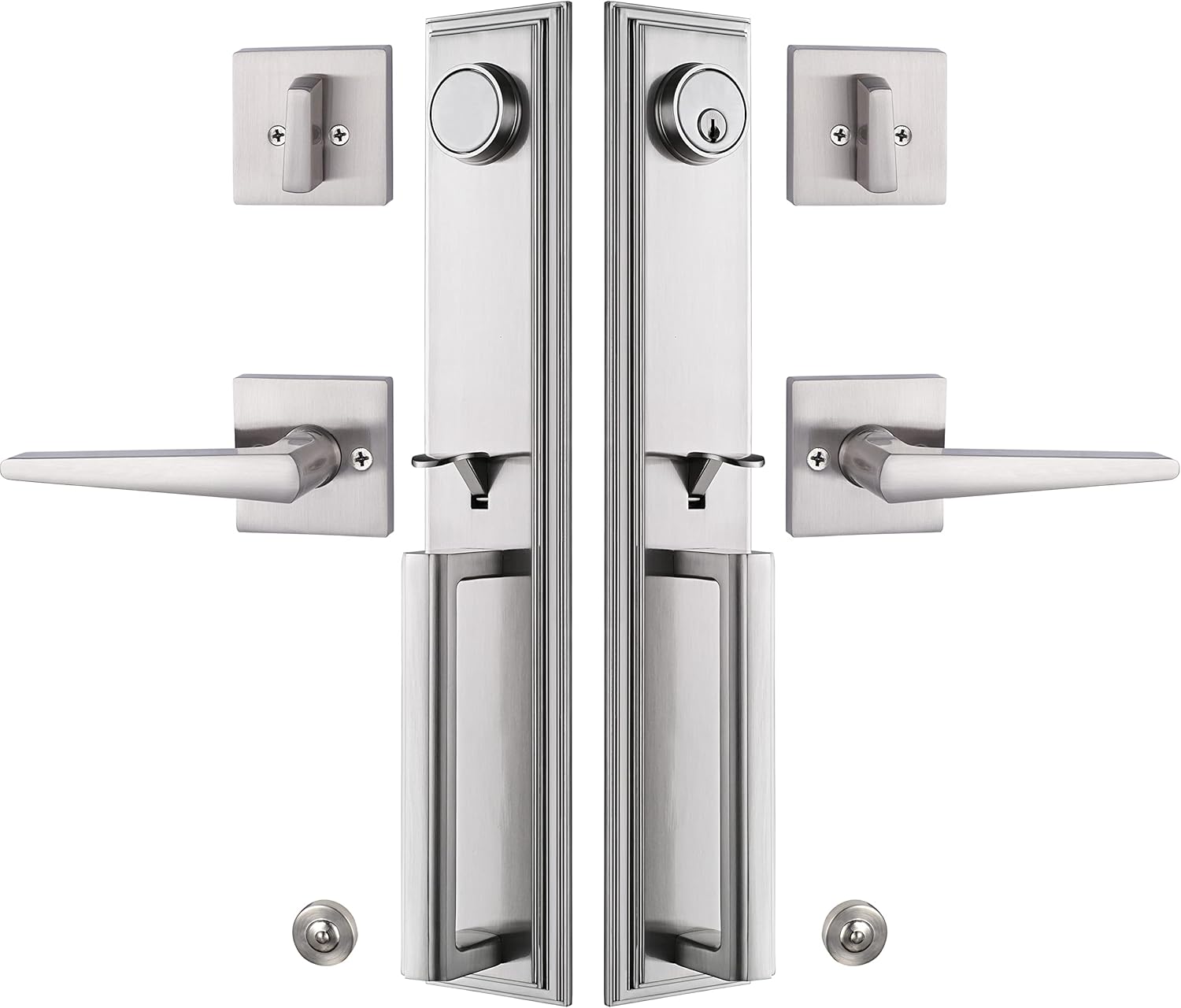 Silver Double Door Handleset Front Entry Door Lockset Exterior Full Escutcheon Lockset-Keyed Handleset & Dummy Inactive Door Hardware for French Door 2011SN (Keyed Handle & Dummy Handle Set)