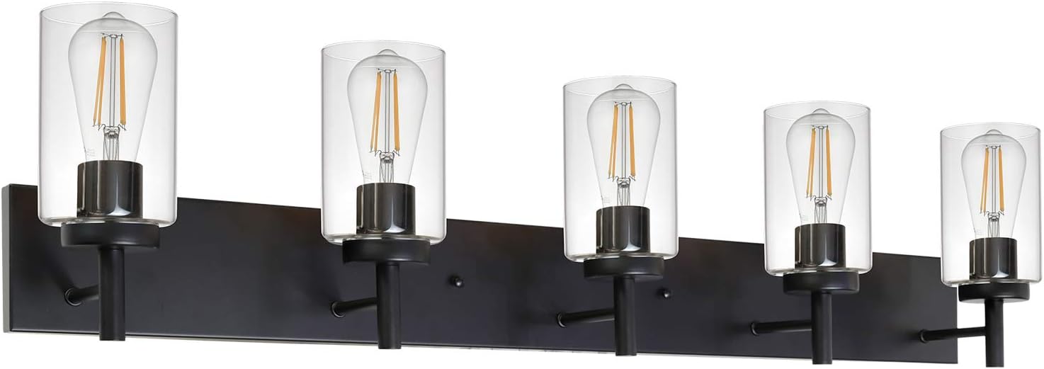 VINLUZ 4 Lights Bathroom Vanity Light Fixture Black Sconces Wall Lighting with Clear Glass Shade Modern Industrial Indoor Wall Mounted Lamp, Farmhouse Wall Light for Kitchen Living Room Dining Room