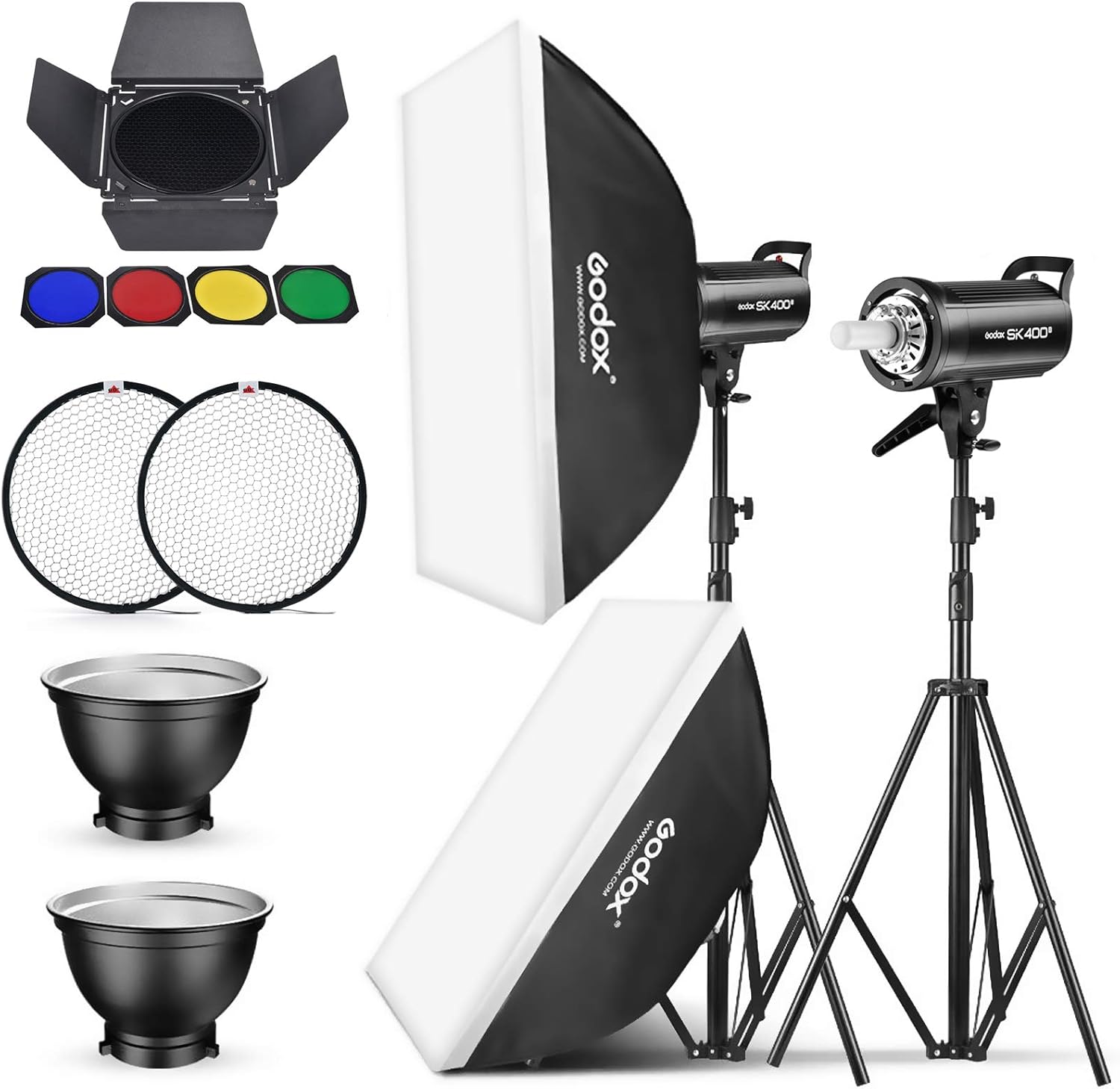 Godox 2 Pack SK400II 800Ws Photo Speedlite Studio Flash Strobe Monolight Bowens Mount Kit for Studio Shooting,Video Location and Portrait Photography with Softbox,Light Stand,Barn Door Kit,Reflector