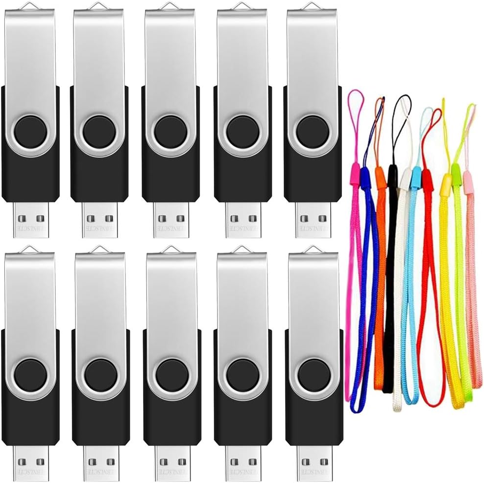 USB Flash Drive 16GB Bulk Pack of 10 Thumb Drives, Portable Pendrive 16 GB USB 2.0 Memory Sticks Swivel Multipack Data Storage, Black Data Stick Jump Drive with Multicolor Lanyards by FEBNISCTE Pack of 2