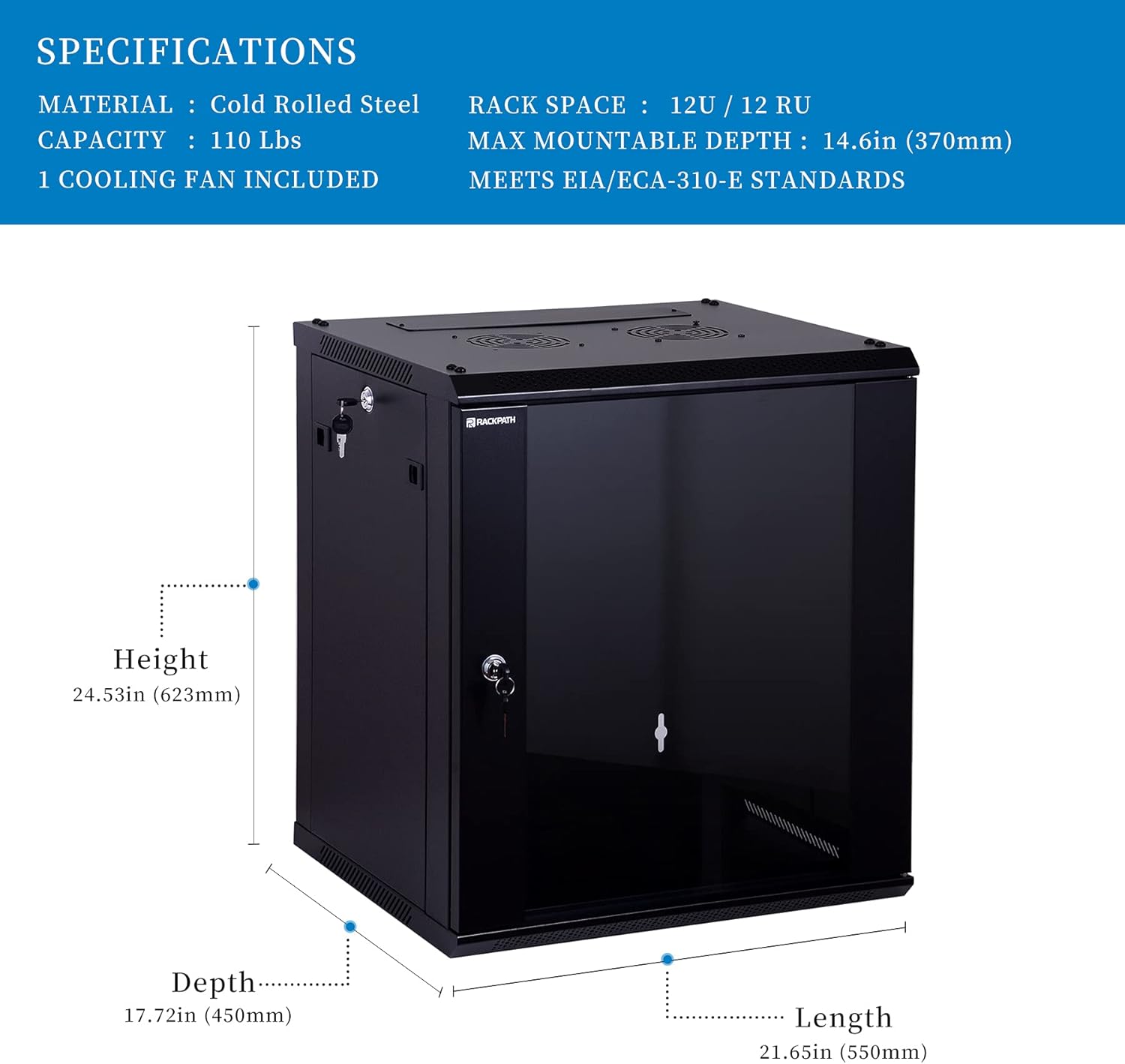 RackPath 12U Performance Wall Mount Server Cabinet Network Rack Enclosure, Quiet Cooling Fan, Locking Glass Door, Black