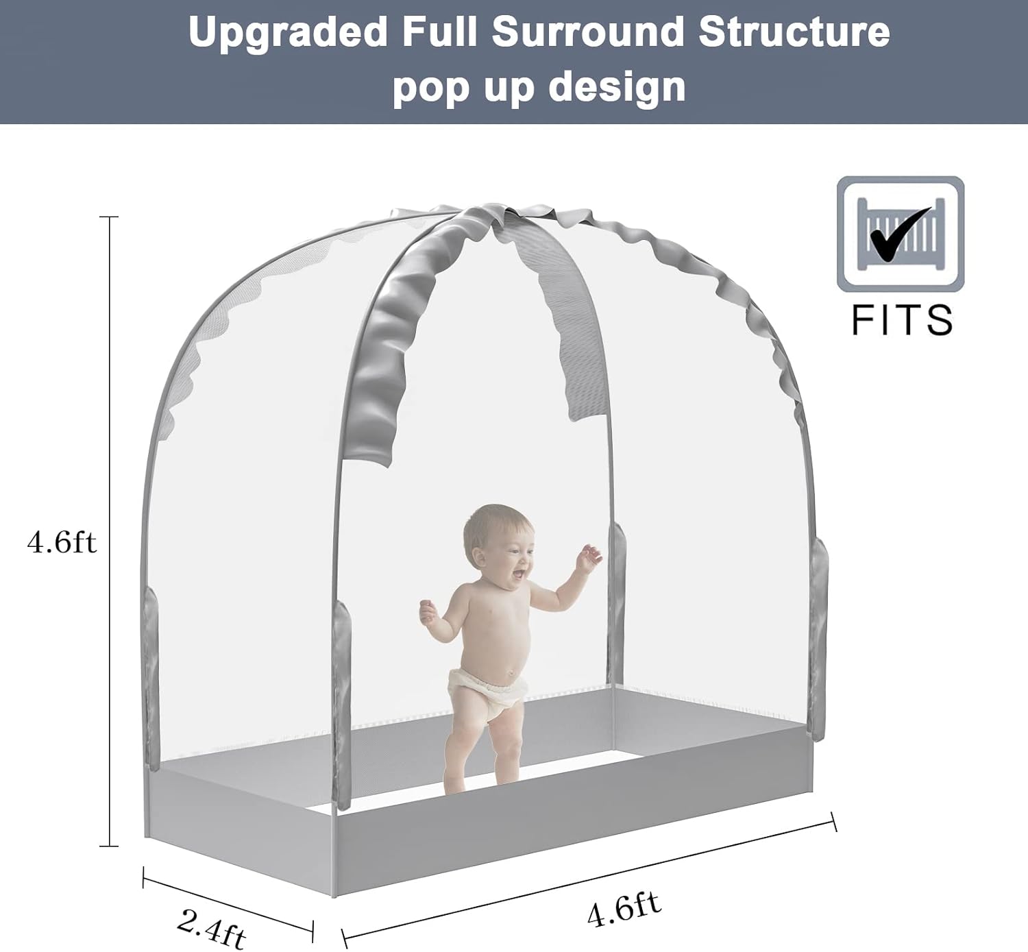 Baby Safety Crib Tent to Keep Baby from Climbing Out, Jowenia Firm Mesh Baby Crib Net to Keep Baby in, White Pop Up Net with Hidden Zipper, Crib Canopy Pack of 2