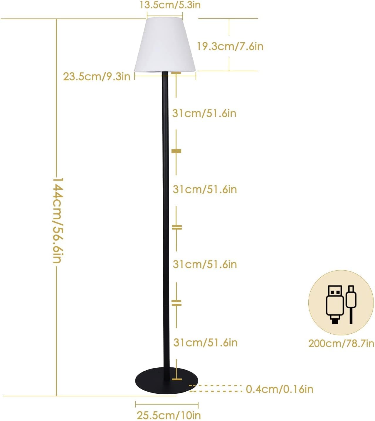 Outdoor Solar Floor Lamp Dimmable - IP65 Waterproof RGB Colorful Night Light for Patio, USB Rechargeable and Light Sensor, 57 Inch Height with Metal Stable Base, for Lawn, Yard or Porch, Black