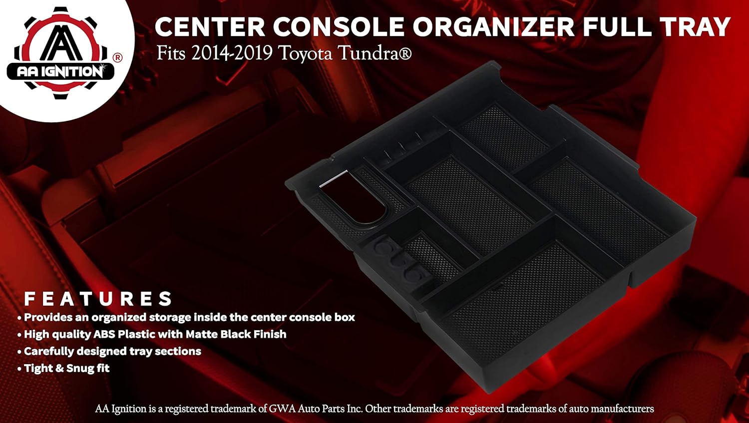 Center Console Organizer Tray, Compatible with Toyota Tundra 2014, 2015, 2016, 2017, 2018, 2019 SR5, SR, Limited, Platinum, 1794 Edition, TRD Pro - Full Tray Storage Accessory, Anti-Slip ABS Black