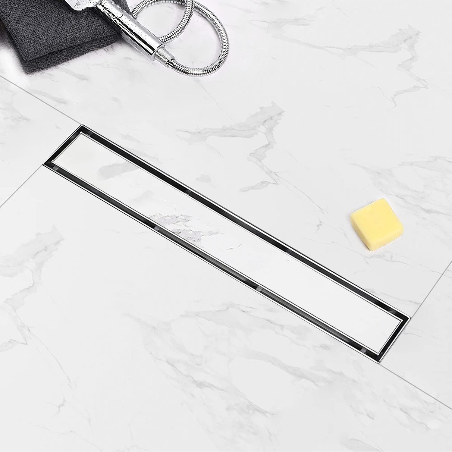 Linear Shower Drain 32 inch with Modern Flat&Tile-Insert Cover, Professional Brushed 304 Stainless Steel, High Flow, Hair Catcher Shower Drain.…… Pack of 2