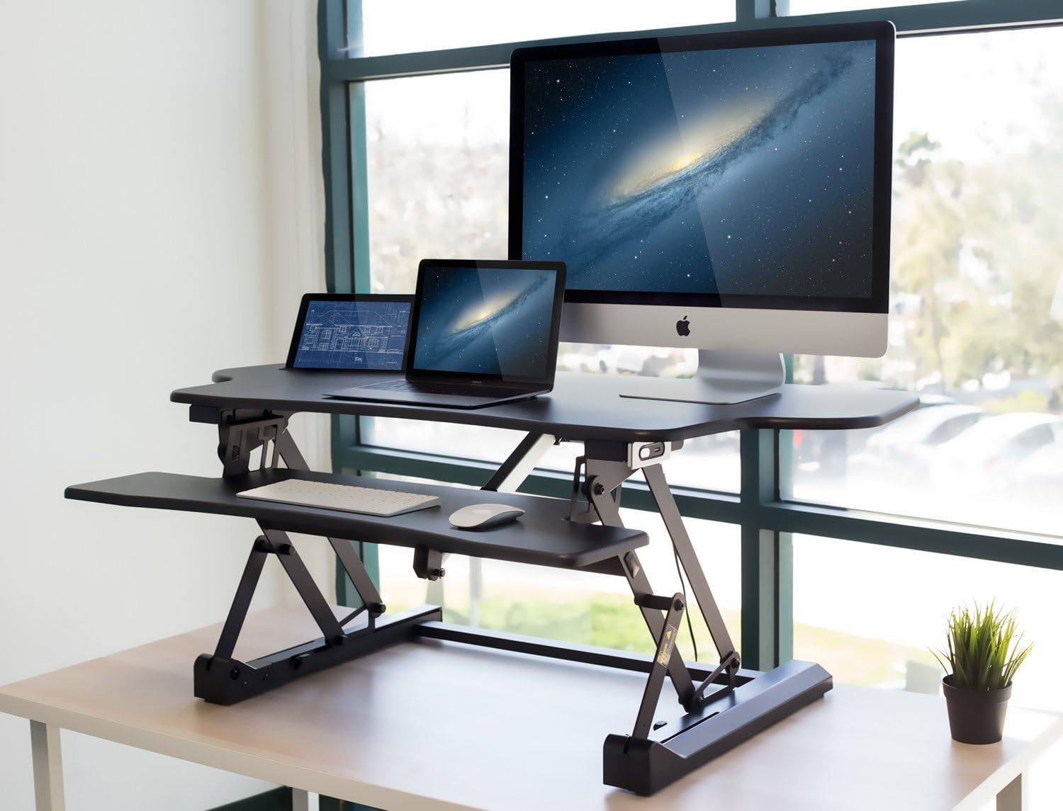 Mount-It! Electric Standing Desk Converter, 48 Inch Extra Wide Motorized Sit Stand Desk with Built in USB Port, Ergonomic Height Adjustable Workstation, Black (MI-7962)