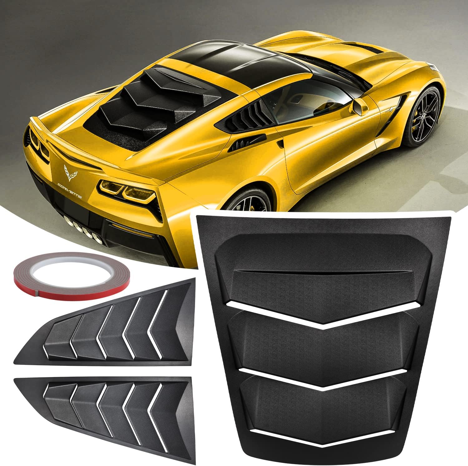 Matte Black Rear & Side Window Louver Windshield Sunshade Cover ABS Trim for 2014 2015 2016 2017 2018 2019 Corvette C7 Stingray Grand Sport Z51 Z06 ZR1 in GT Lambo Style