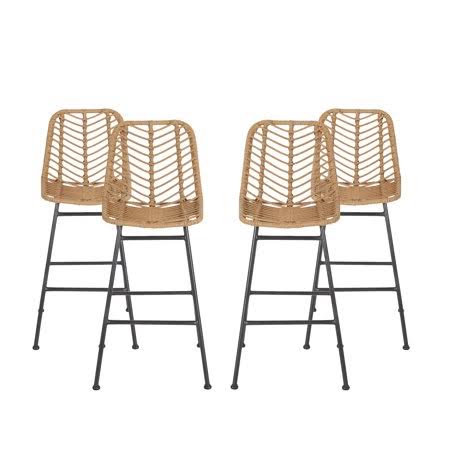 Dimitri Outdoor Wicker Barstools, Set of 4, Light Brown and Black