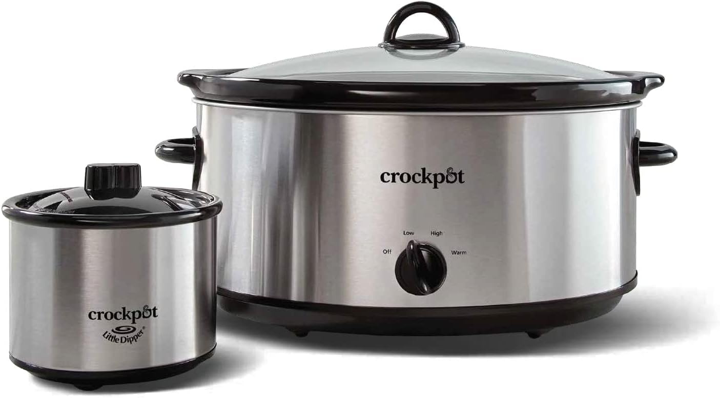 Crock-Pot 8 Quart Manual Slow Cooker with 16 Oz Little Dipper Food Warmer, Stainless Pack of 2