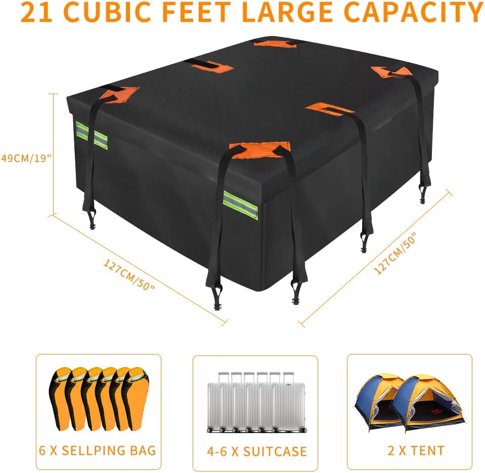 Car Rooftop Cargo Carrier Bag,Includes Anti-Slip Mat + 6 Reinforced Straps +10 Door Hooks,Night Reflective Strip,Storage Bag, Suitable for All Vehicle with/Without Rack (21 Cubic)