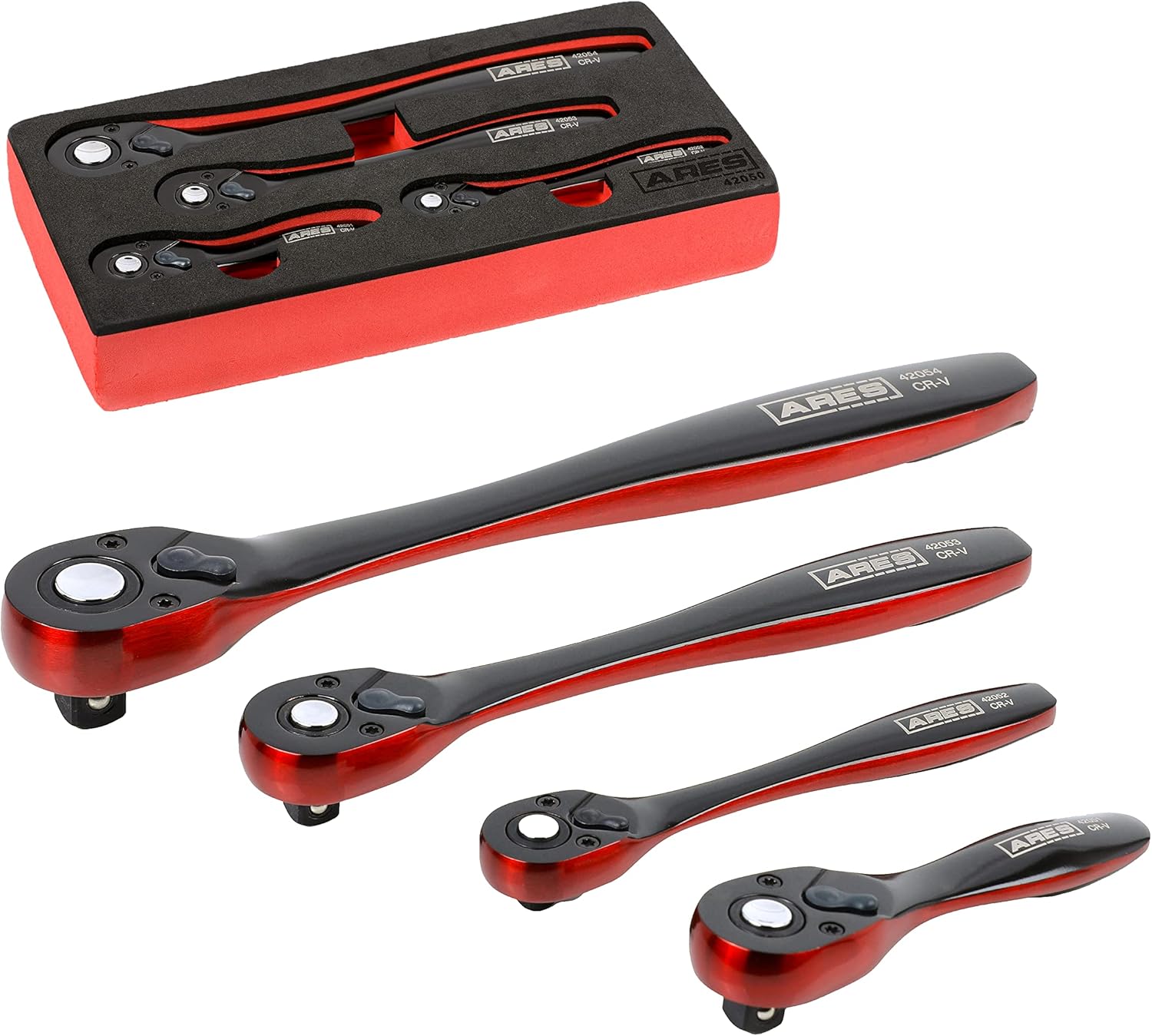 ARES 42050 - 4-Piece Dual Tone 72-Tooth Ratchet Set - Made of Chrome Vanadium Steel - Sleek Black and Red Finish - Quick Release for Easy Socket Change - 72-Tooth Reversible Design