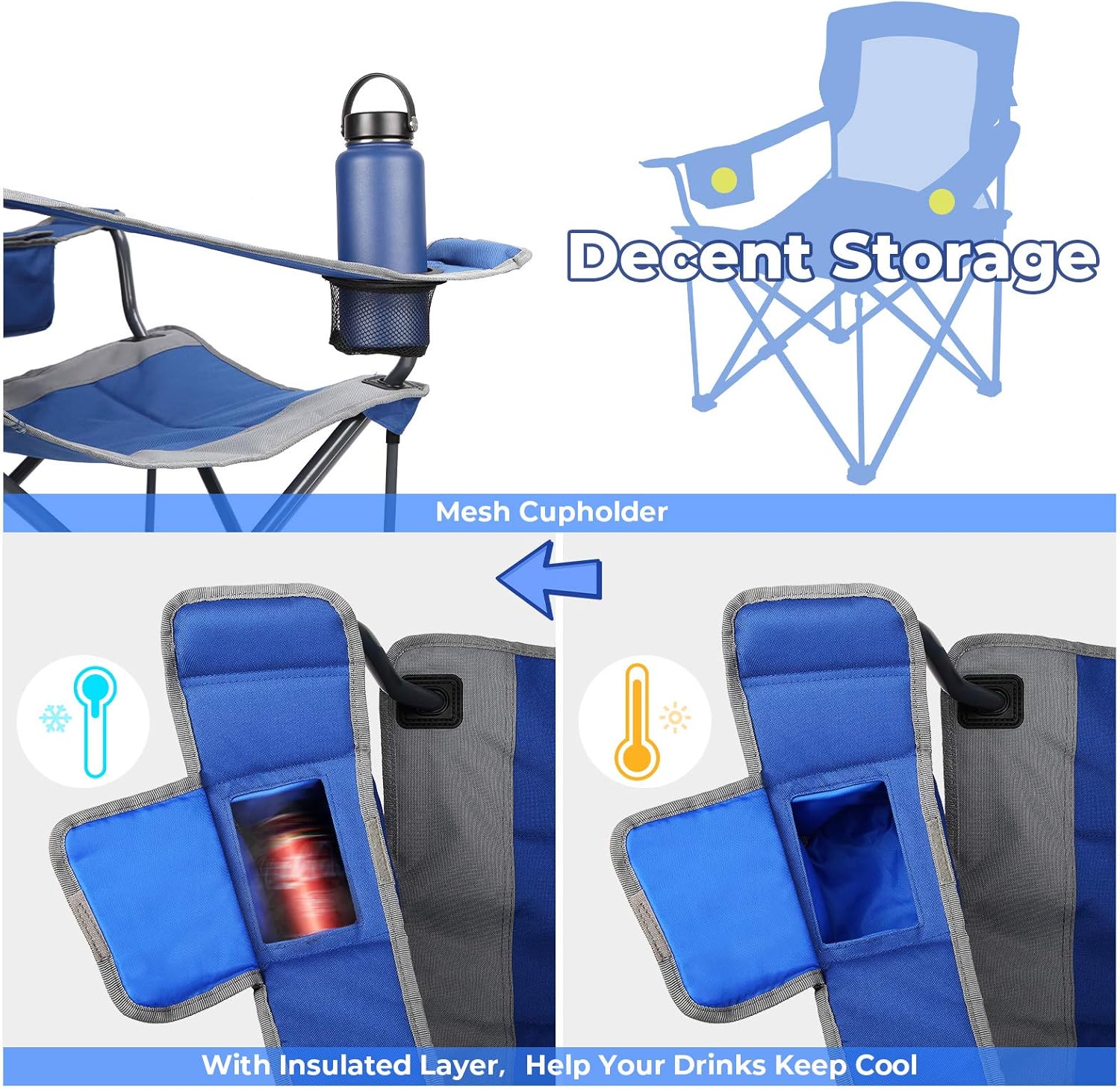 DEERFAMY Outdoor Beach Folding Chairs for Adults Easy Fold up Tall Large Cool Mesh with Side Pocket & Cup Holder & Carry Bag Seat for Youth Blue