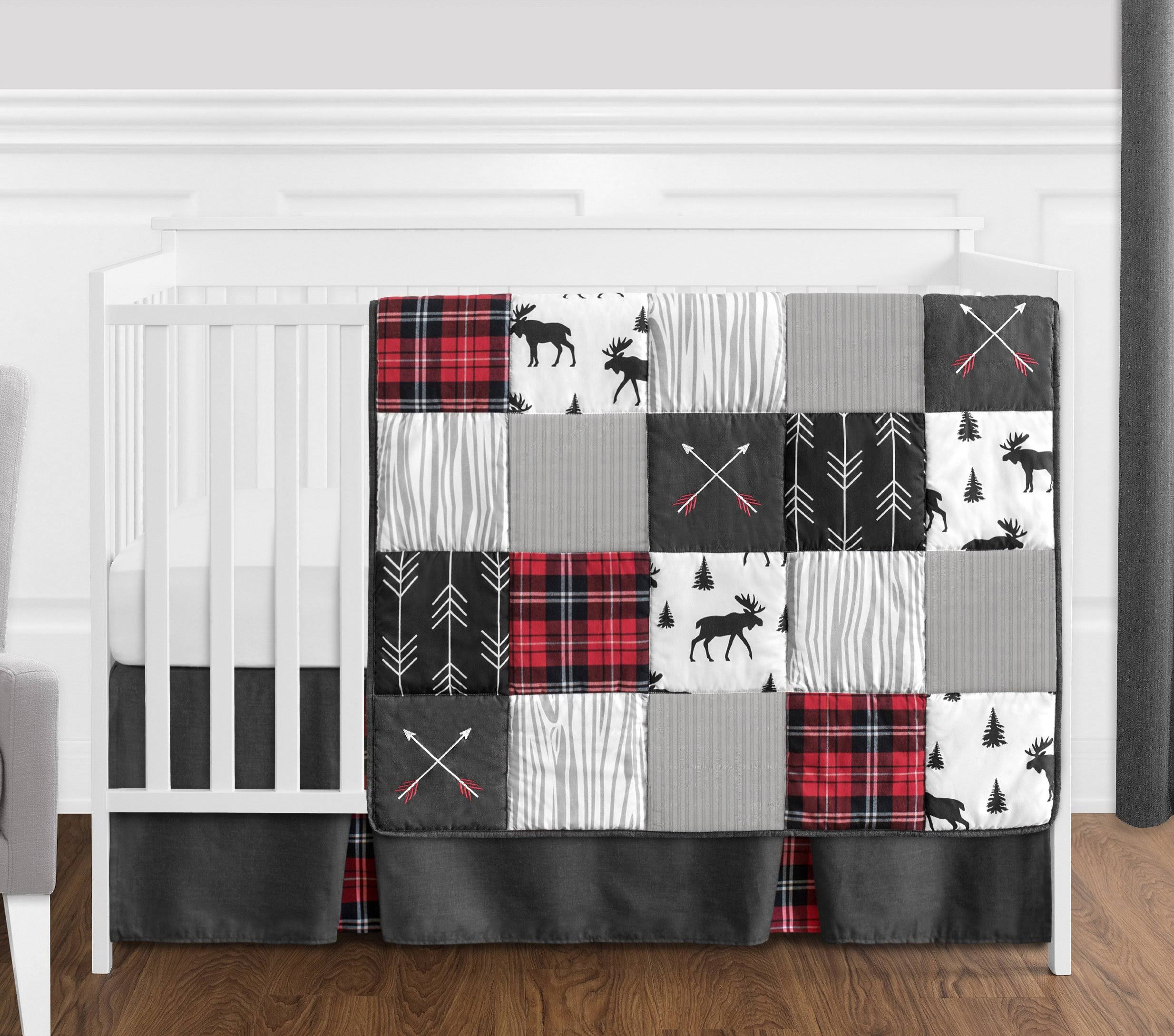 Sweet Jojo Designs Grey, Black and Red Woodland Plaid and Arrow Rustic Patch Collection Boy 4-Piece Crib Bedding Set