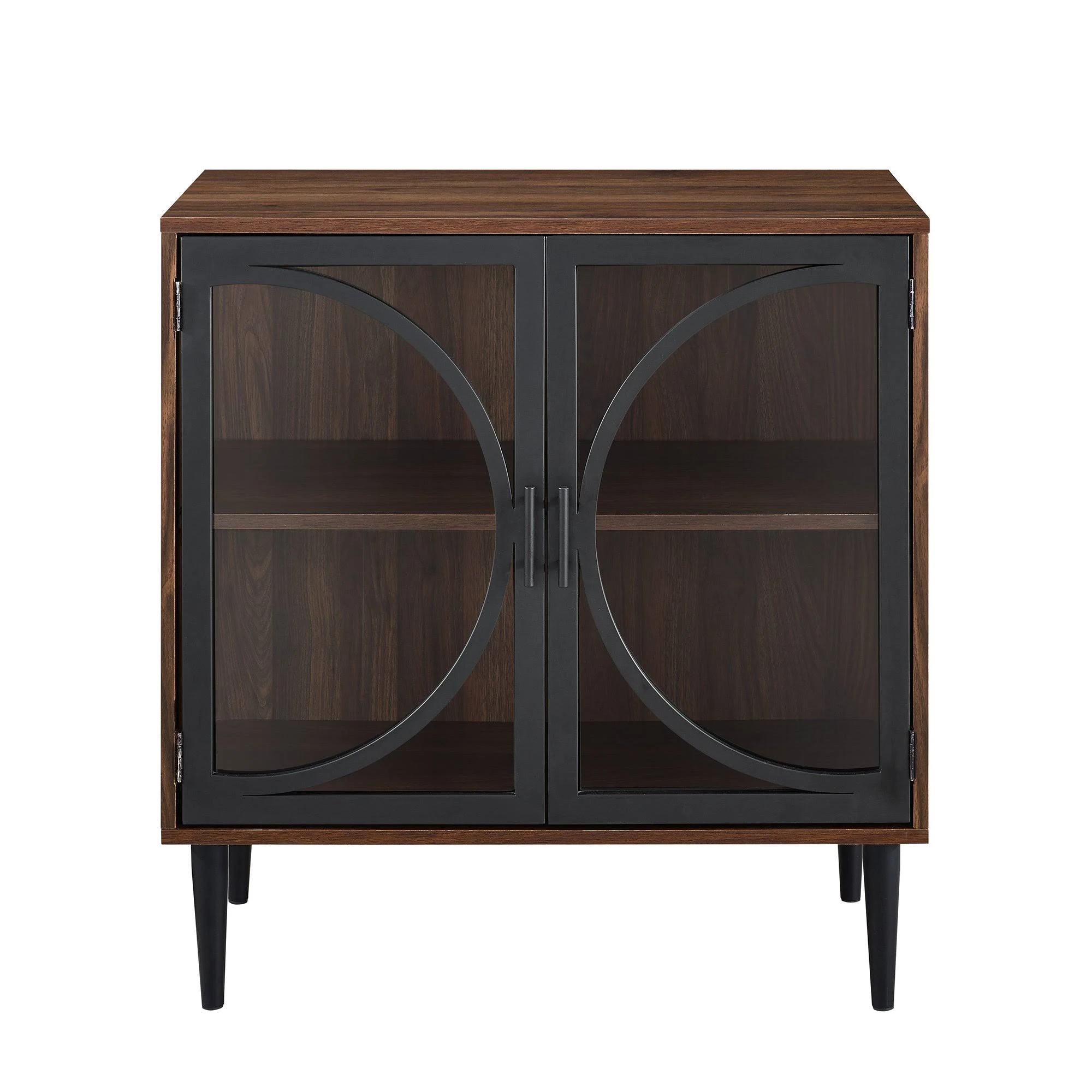 30 inch Metal Door Accent Console with Tempered Glass in Dark Walnut
