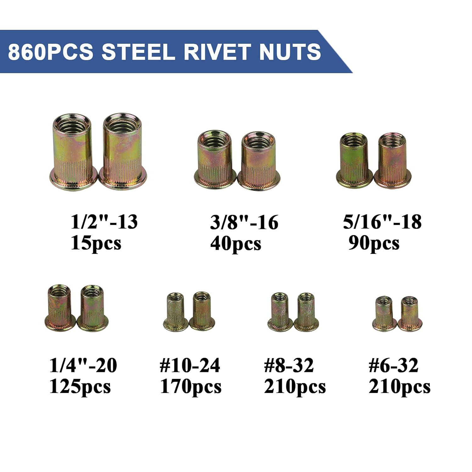 860pcs Rivet Nut Kit, SAE Rivet Nuts Assortment 6#-32, 8#-32, 10#-24, 1/4