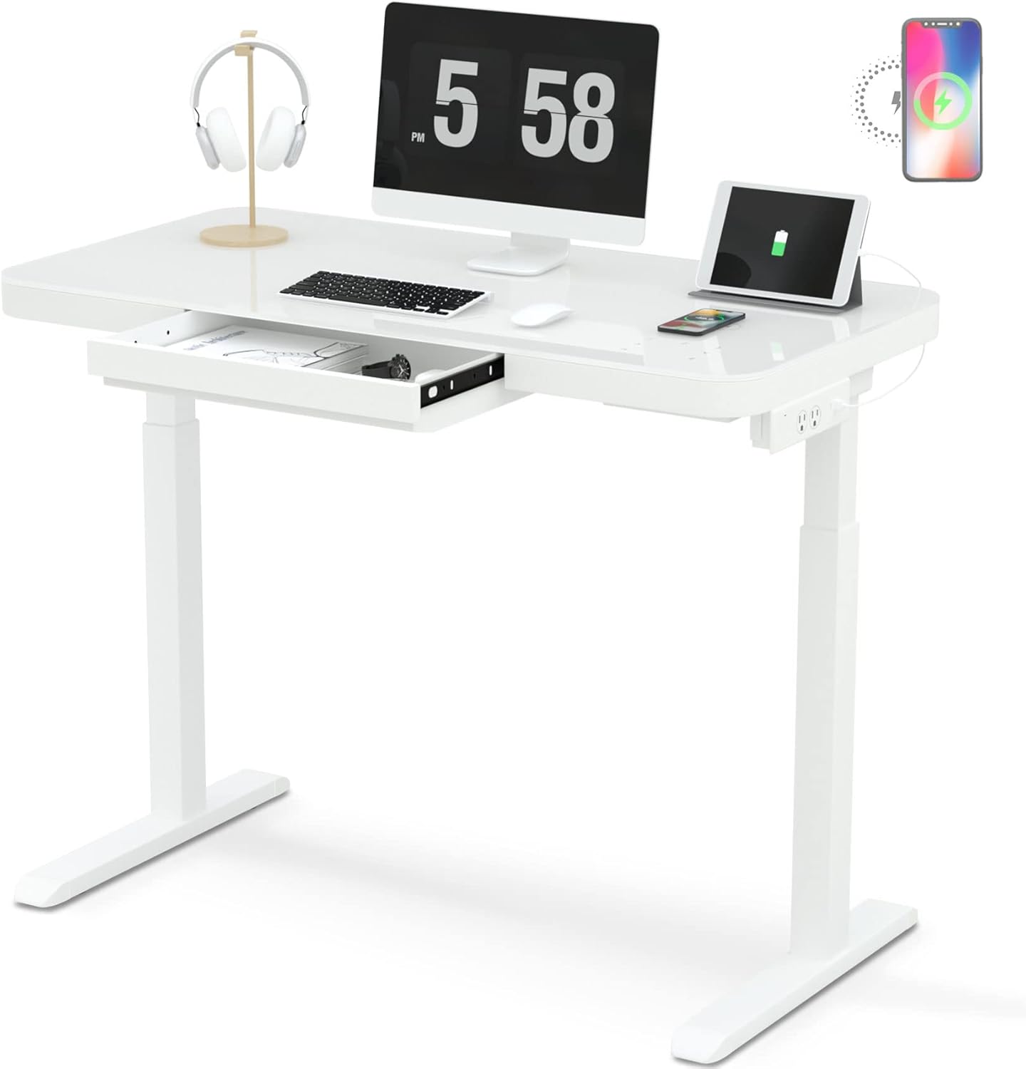 HAIAOJIA Glass Standing Desk with Drawer - 45 x 23 Inch Tempered Glass Top Dual Motor Electric Height Adjustable Sit Stand Desk Computer Workstation with USB/Wireless Charging/Power Strip (Black)