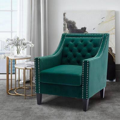 Accent Armchair Living Room Chair with Nailheads and Solid Wood Legs Rosdorf Park Body Fabric: Green Polyurethane