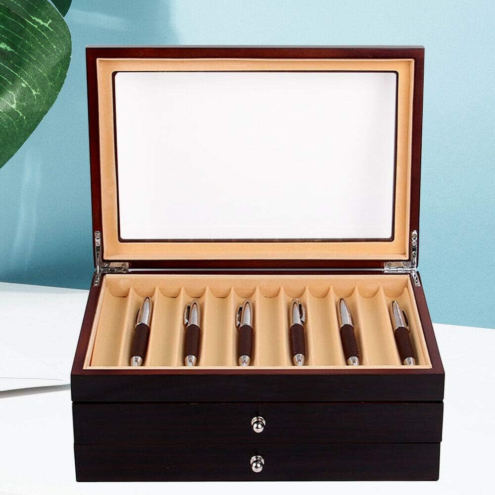 3 Layer MDF Board+Flannel+Acrylic Pen Boxes with Glass Lid,Portable Pen Display Box 34 Slot Pen Storage Organizer Box Pen Collector Box Pen Case for Shop or Home,Walnut Pack of 2