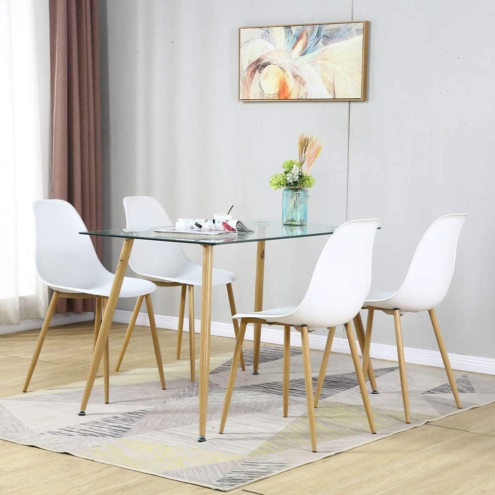 Bacyion 5 Pieces Modern Dining Table Set for 4 Person,Round Glass Table and 4 DSW Plastic Kitchen Room Chairs,Dining Room Table and Chairs Set for Home,Small Space (Round Table + 4 White Chairs)