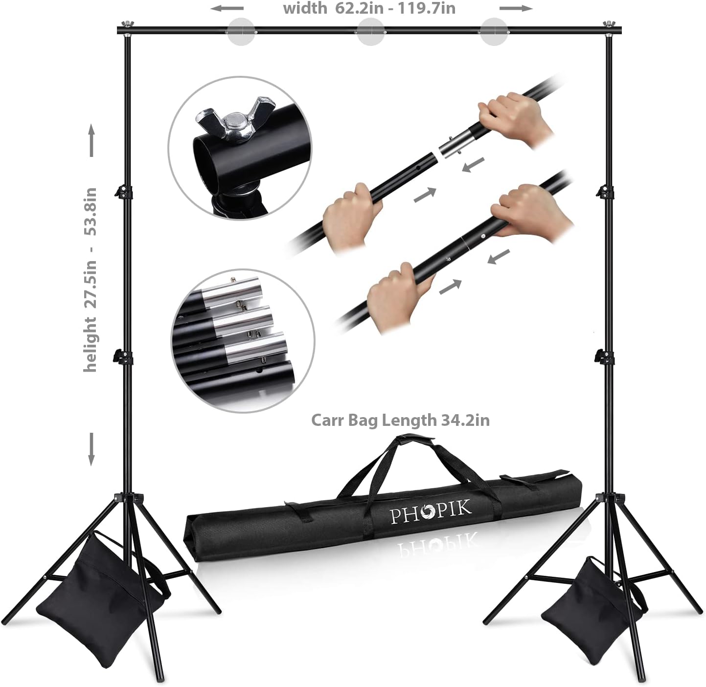 PHOPIK Photo Studio Backdrop Stand, 10ft Adjustable Photo Background Holder, Back Drop Banner Stand Support System Kit for Portrait & Studio Photography, Birthday Party