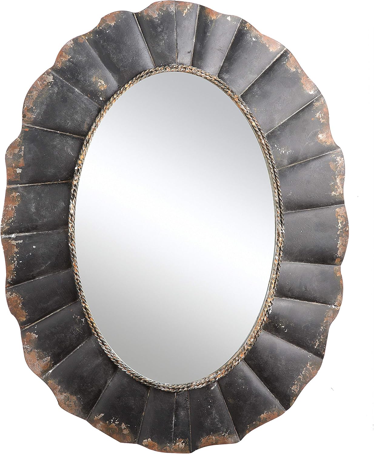 Creative Co-Op Oval Mirror with Distressed Black Scalloped Metal Frame