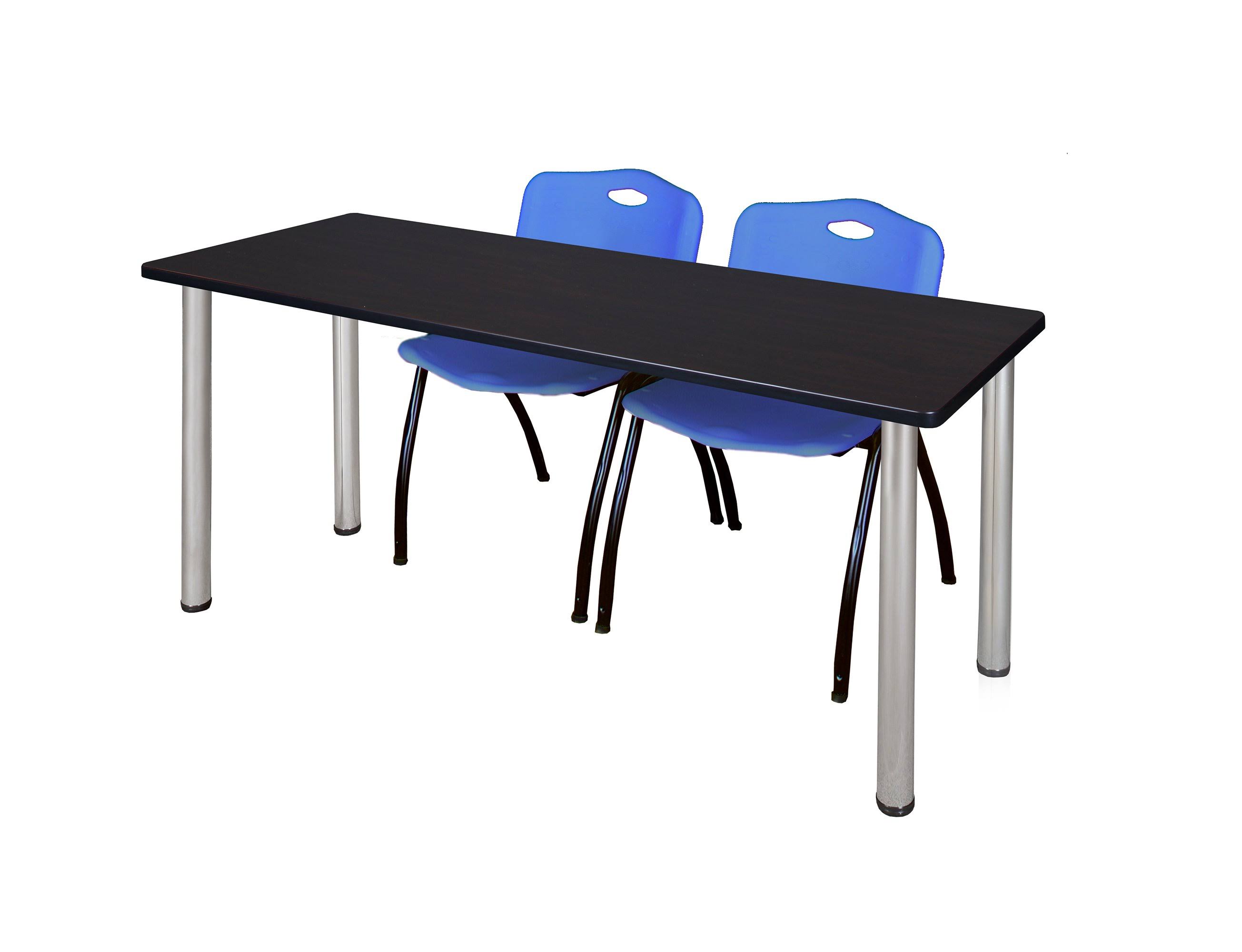 Regency 66x22 x 24x22 Kee Training Table- Mocha Walnut/ Chrome u0026 2 &M& Stack Chairs- Blue
