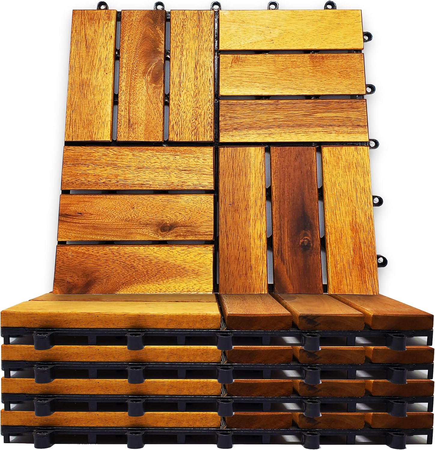 Interlocking Deck Tiles 8 Pack - Snap Together Wood Flooring | 12 x 12 Acacia Hardwood Outdoor Flooring for Patio | Click Floor Decking Tile Outdoors Balcony Flooring, Wooden Parquet Flooring