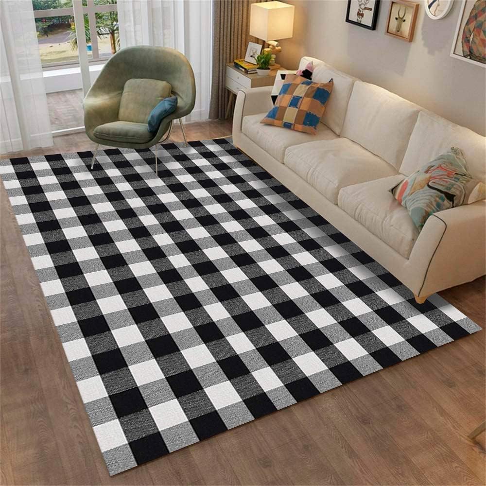 Breezsisan Striped Black White Buffalo Plaid Area Throw Rug - 67&rdquo;х90.55&rdquo; Hand-Woven Machin Washable Outdoor Indoor Kilim for Living Room/Dining Room/Bedroom/ Home D&eacute;cor, White and Black