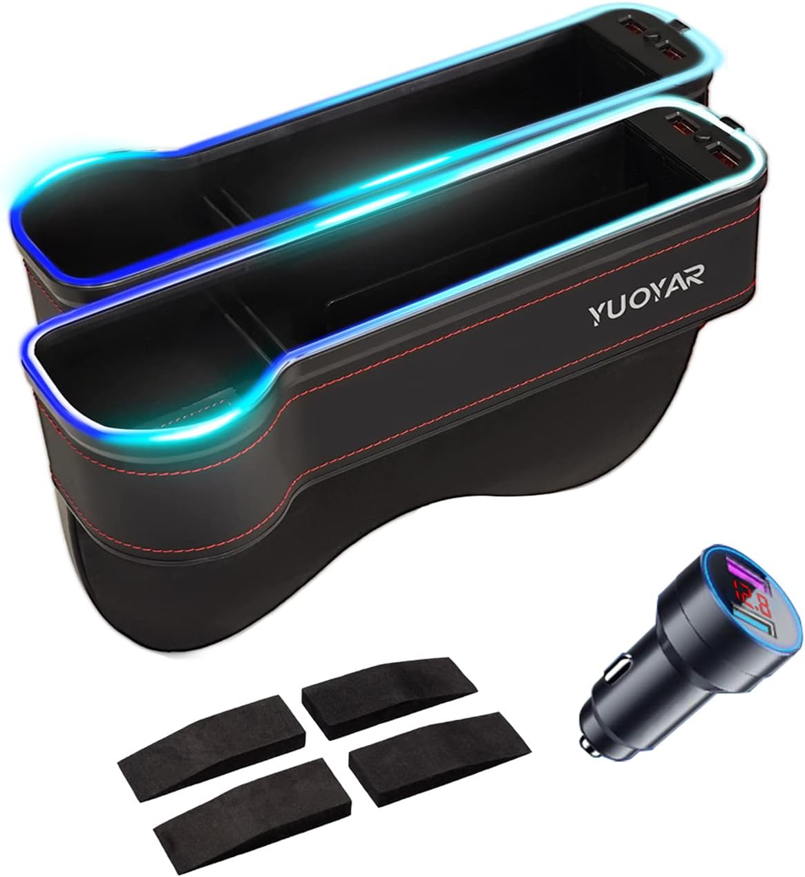 Yuoyar 2 Pack LED Light Car Seat Organizer Front Seat - Car Seat Gap Filler Organizer for Drivers - Car Side Seat Gap Filler Organizer Universal Fit with 1 Cigarette Lighter USB Charger(SN-L1) Pack of 2