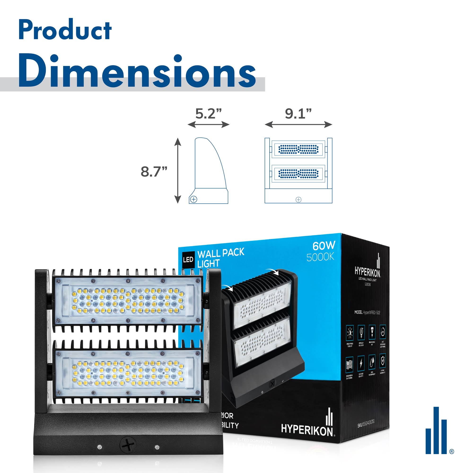 Hyperikon LED Wall Pack Rotatable, Outdoor Area Lighting Fixture, 5000K, IP65, UL, DLC