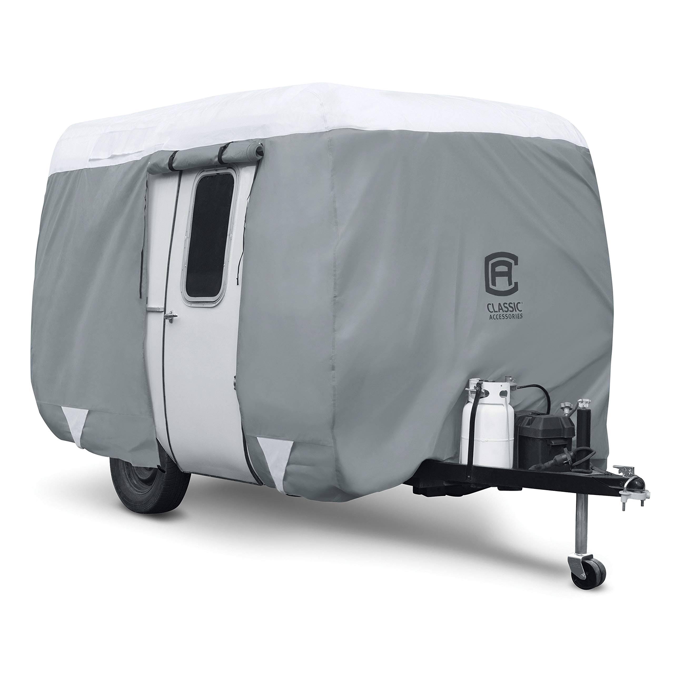 Classic Accessories OverDrive PolyPro3 Molded Fiberglass Travel Trailer RV Cover, Gray/White