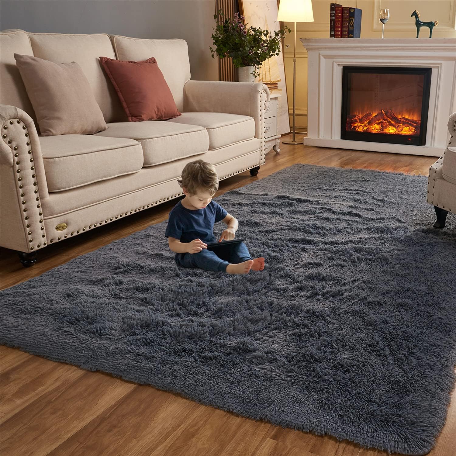 Arbosofe Fluffy Soft Area Rugs for Bedroom Living Room, Black&Gray Shaggy Rugs 8 x 10 Feet, Carpet for Kids Room, Throw Rug for Nursery Room, Fuzzy Plush Rug for Dorm, Luxury Home Rugs