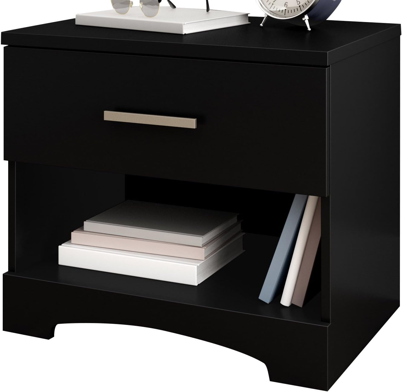 South Shore Gramercy 1-Drawer Nightstand, Pure Black with Metal Handle