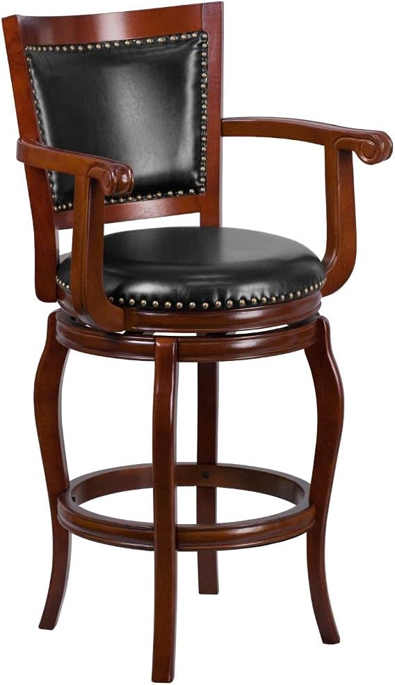Flash Furniture 30'' High Cherry Wood Barstool with Arms, Panel Back and Black LeatherSoft Swivel Seat
