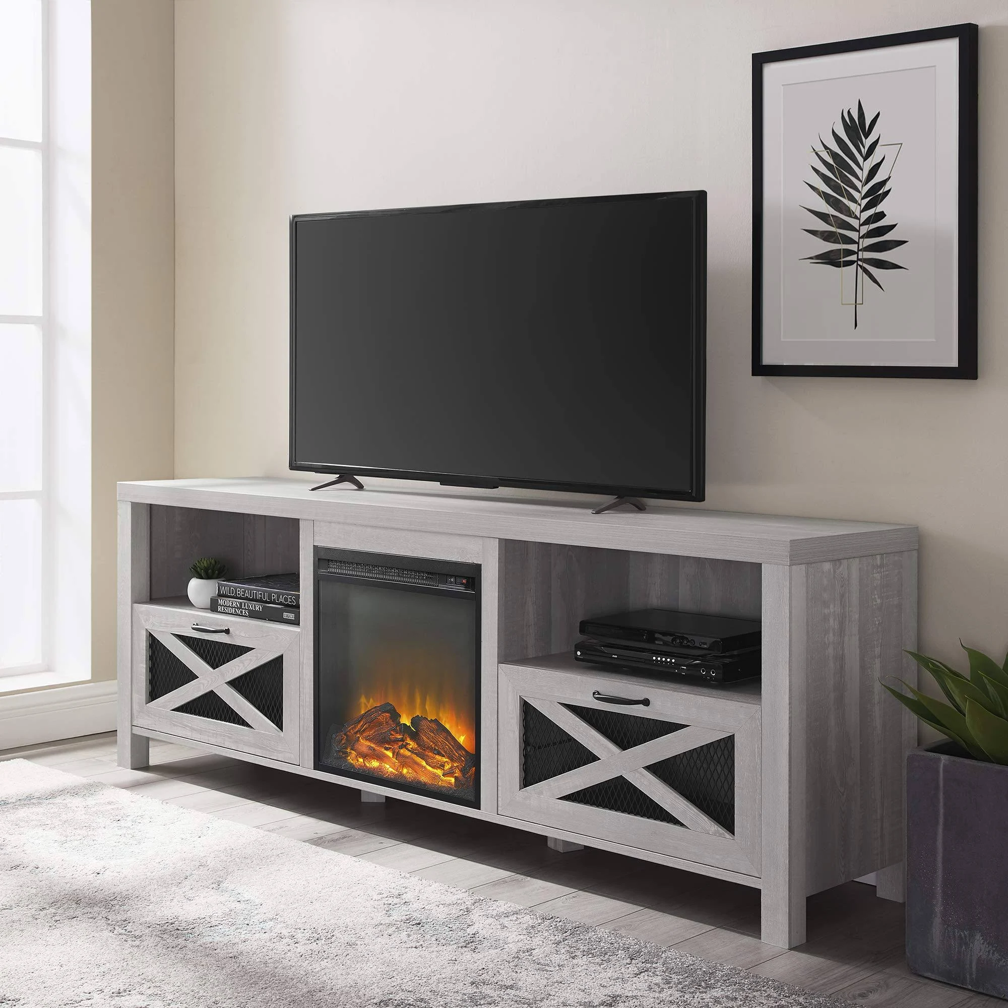 Walker Edison 70x22 Rustic Farmhouse Fireplace TV Stand - Stone Grey