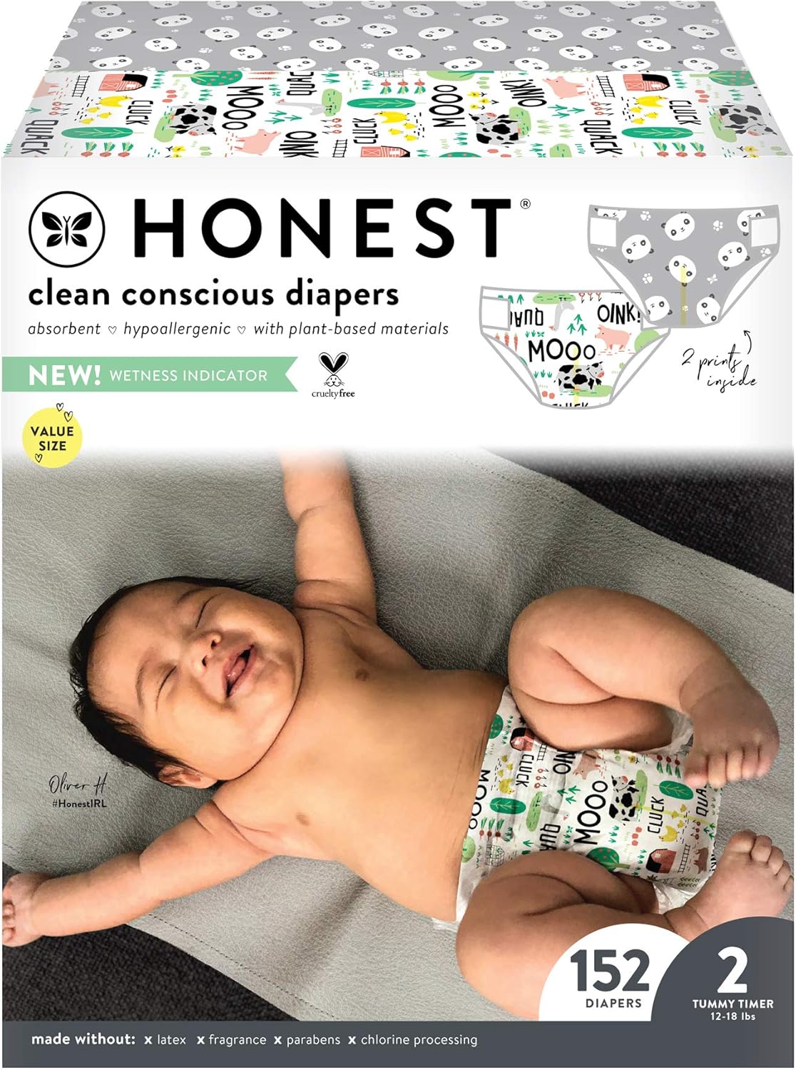 HONEST Company, Super Club Box, Clean Conscious Diapers, Young At Heart + Rose Blossom, Size 2, 152 Count (Packaging + Print May Vary), Painted Feathers & Strawberries (H01SCB00YHS2R) Pack of 2